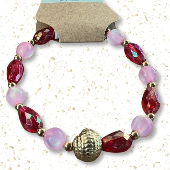 Glass Pink and Acrylic Red Beaded Stretchy Bracelet with Gold Accents - Picture 1 of 2